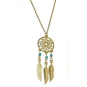 NEW Gold dream catcher beaded necklace with feather dangles